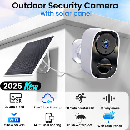 2025 Upgraded 2K Security Cameras Wireless Outdoor, Free Cloud Storage & Local SD Card Support, 1-6 Months Battery Life, Waterproof, 2-Way Talk, AI Motion Detection Spotlight Siren Alarm Camera
