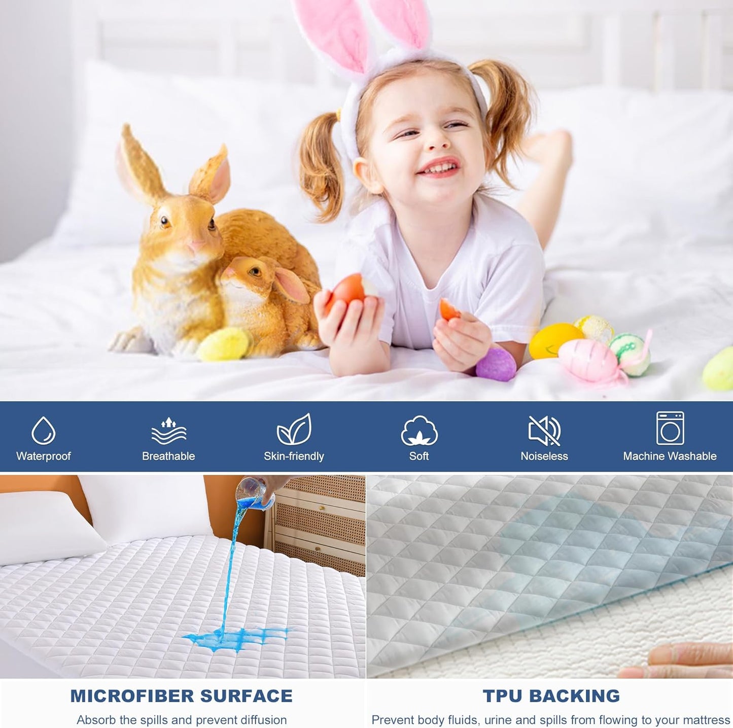 GRT Short Queen Size Quilted Fitted Mattress Pad, 100% Waterproof Breathable Protector, Noiseless Topper, Fitted 8"-26"