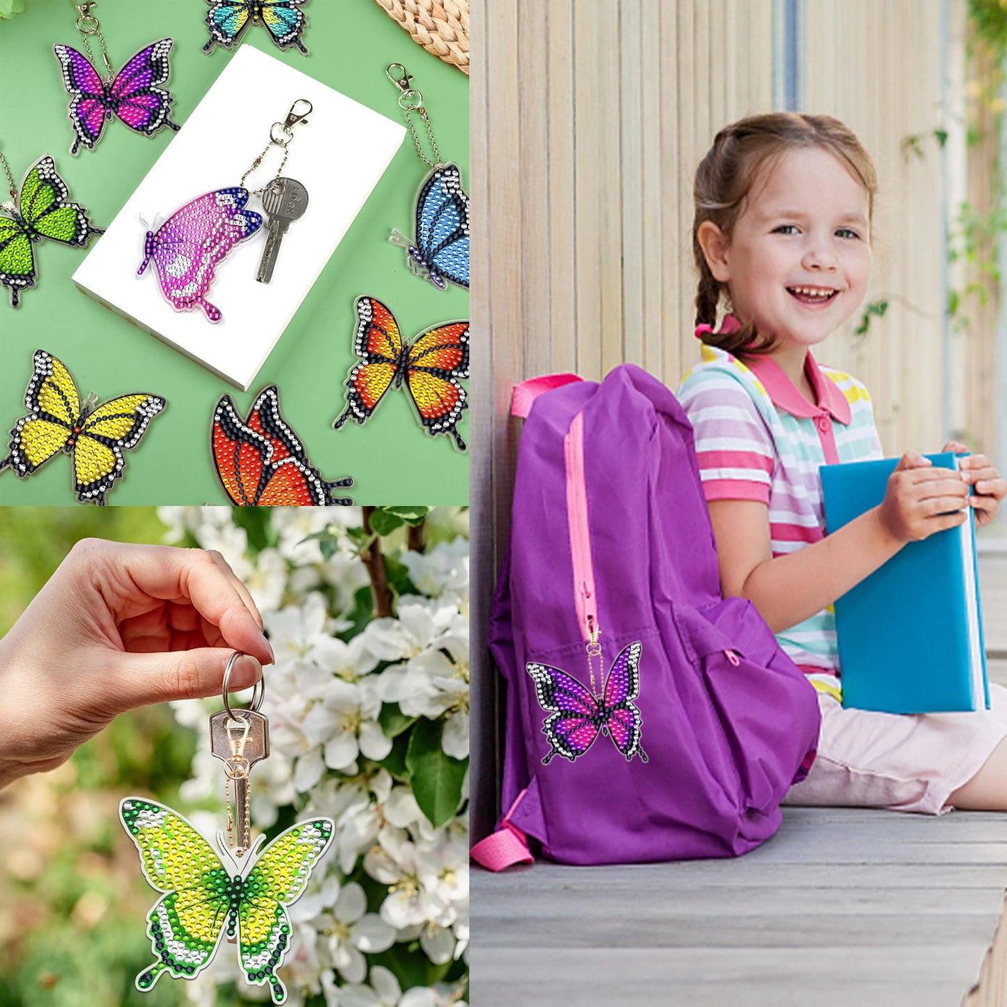 10 PCS Butterfly Diamond Painting Keychains Kit Double Sided Diamonds Art Key Rings Hanging 5D Diamond Ornaments Butterfly Full Drill Diamonds Pendants for Spring Summer Beginners Adults DIY Crafts