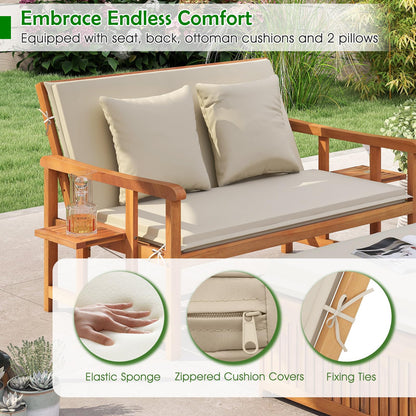 LDAILY Moccha Acacia Wood Outdoor Daybed - Wooden Loveseat Sofa with 4-Level Backrest, Storage Ottoman, Cushions, Outside Sunbed, Double Bed Lounger for Backyard Porch Pool Patio Furniture Set
