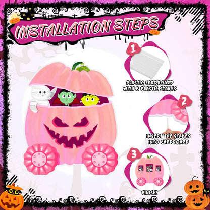 Shellwei 4 Pcs Thanksgiving Pumpkin Yard Outdoor Decor Skeleton Train Yard Signs Autumn Harvest Decorations for Lawn Outdoor Garden Farmhouse Home Thanksgiving Party Decor(Pumpkin,Pink)