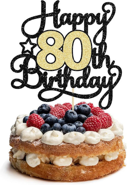 Happy 80th Birthday Cake Topper by [Brand Name] - Black Gold Glitter Design for 80th Anniversary Celebration