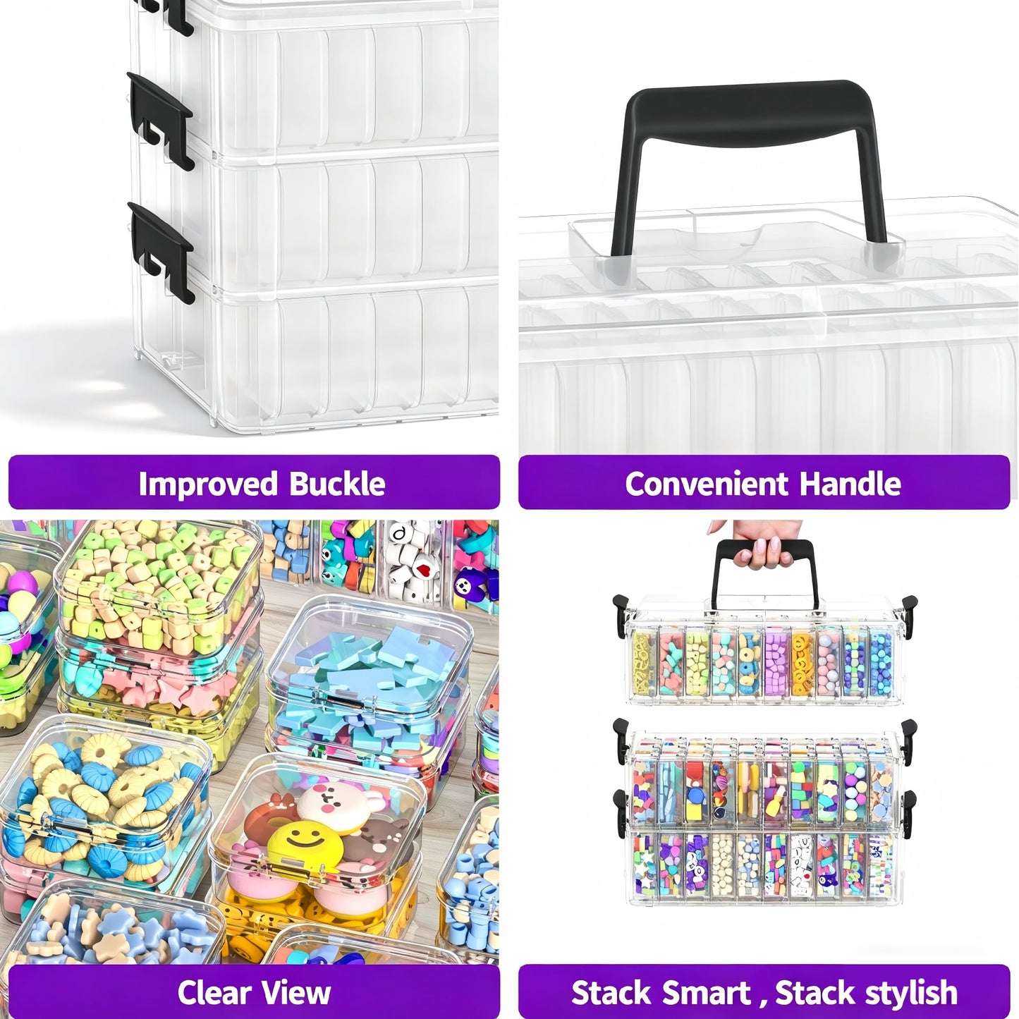 VANSUNS 3-Tier Large Capacity Stackable Bead Organizer Box 90 Pcs, Portable Plastic Craft Storage Containers for Jewelry Making, Bracelets, DIY, Nail Art Charms