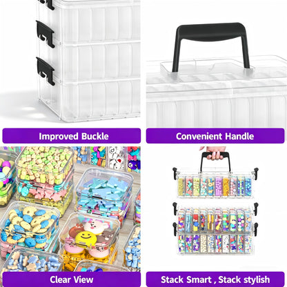 VANSUNS 3-Tier Large Capacity Stackable Bead Organizer Box 90 Pcs, Portable Plastic Craft Storage Containers for Jewelry Making, Bracelets, DIY, Nail Art Charms