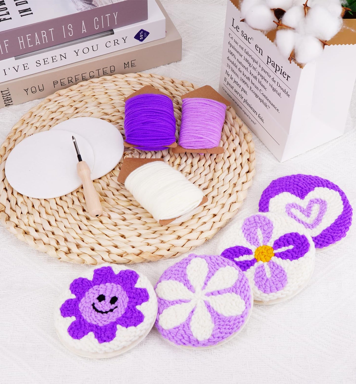 Nuoviyiya Punch Needle Kit for Adults Beginner - Complete Punch Stitching Kits with 6 Patterned Fabrics, Felt, Yarns, Tools and Instructions - Easy Embroidery Coaster Kit for Craft Enthusiasts