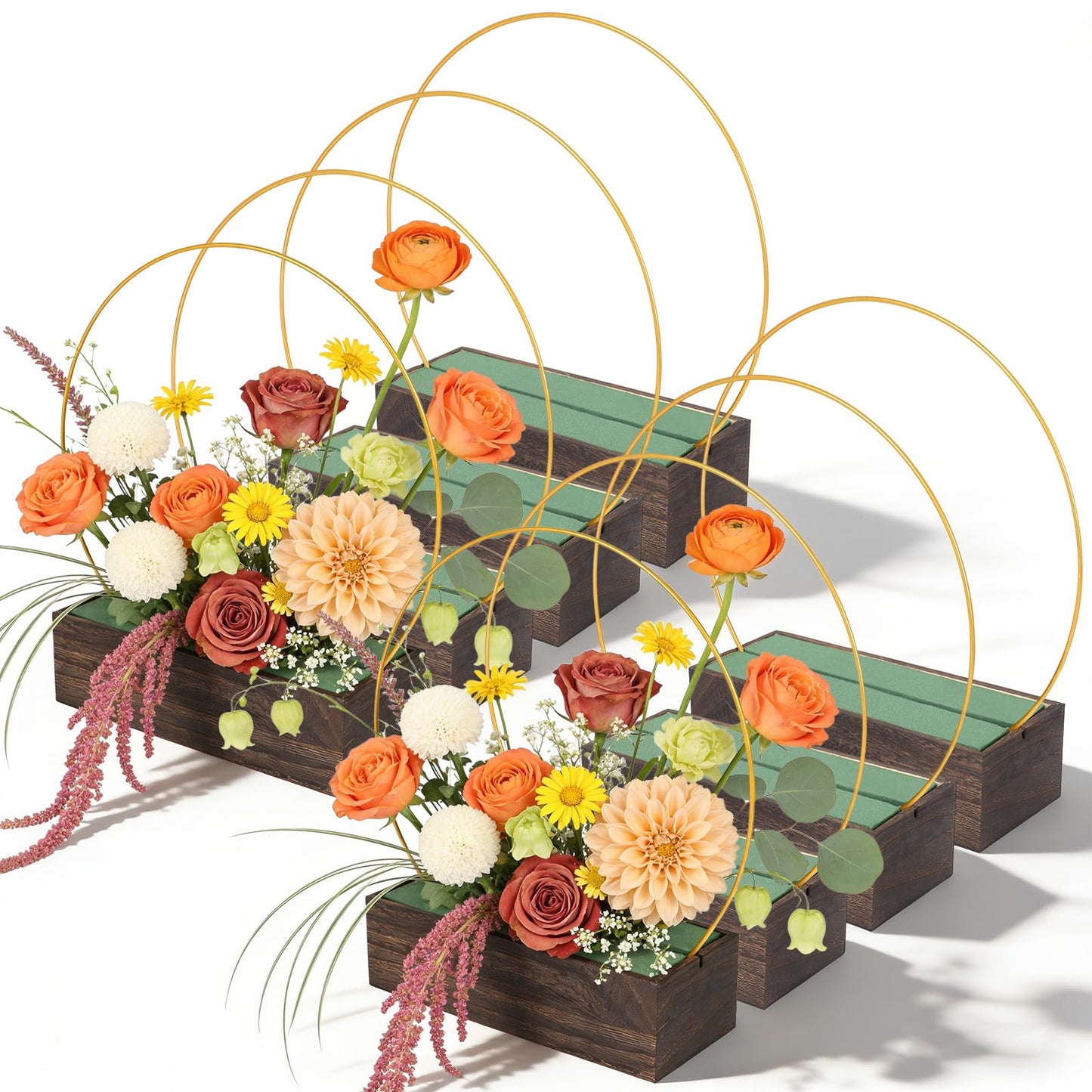 24Pack Floral Hoop Centerpiece Kit, 8Pcs 12'' Metal Floral Hoop Centerpiece with Stand+ 8Pcs Wood Cube Planter Box + 8Pcs Floral Foam Blocks for DIY Wedding Christmas Party Home Garden Decor