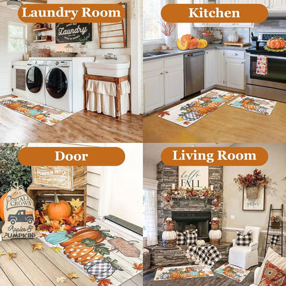 U'Artlines Fall Kitchen Mat - Anti Fatigue Cushioned Comfort Mats, Colorful Pumpkin Kitchen Rugs 17"x28"+17"x47"