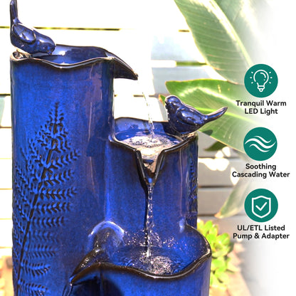 Autodaya 32" H Ceramic Outdoor Water Fountain with LED Lights, 4-Tier Vase Outdoor Fountain, Cobalt Blue Glaze, Embossed Fern Pattern, Cascading Waterfall for Tranquil Garden, Patio, or Porch