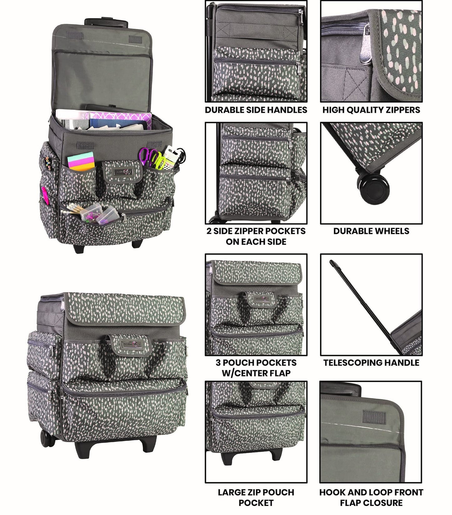 Everything Mary Teacher Rolling Tote – Grey & White Wheeled Bag for Classroom Supplies – Portable Organizer Cart for Teaching Materials, Crafts & Office Essentials
