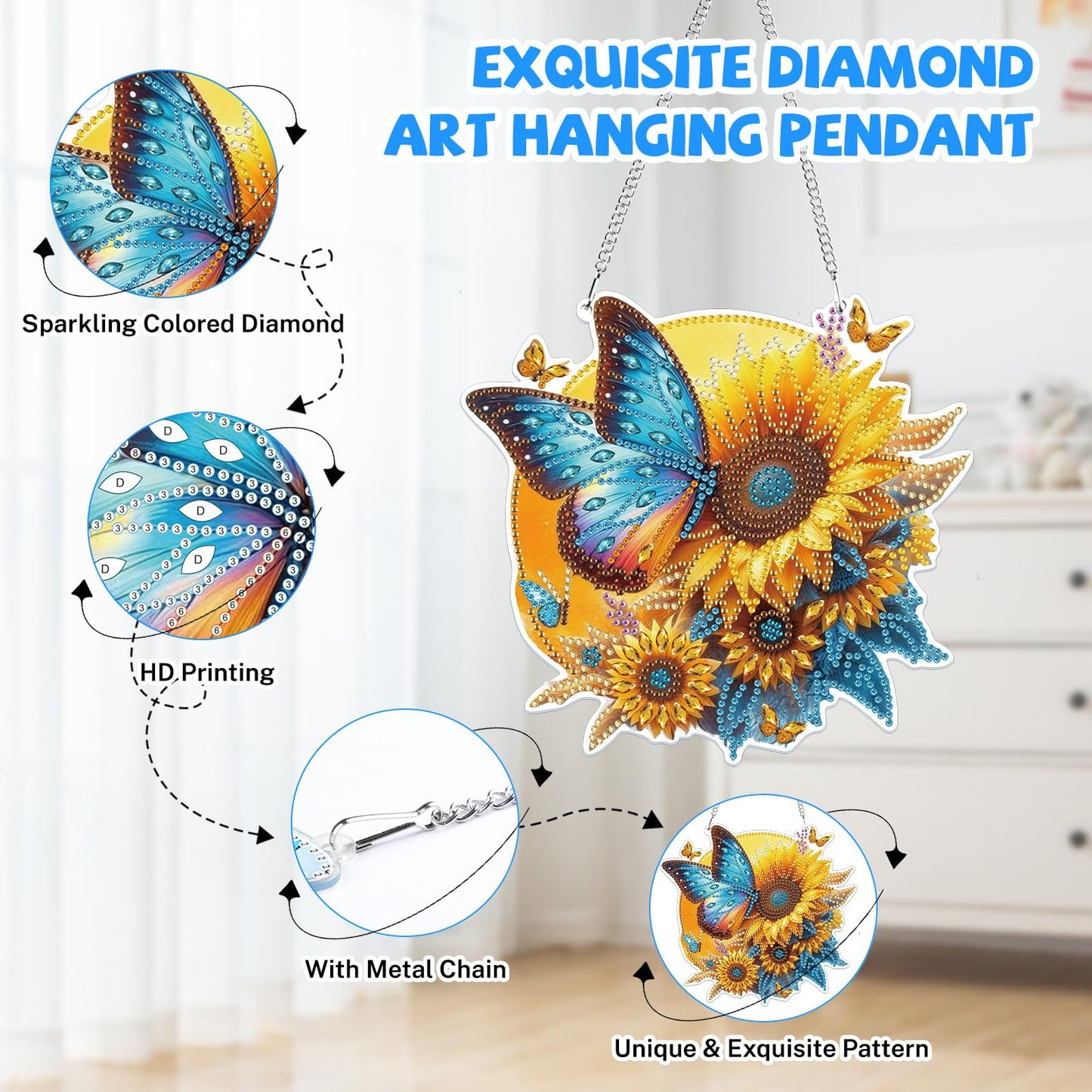 Bowetile Hanging Diamond Art Butterfly Kits for Adults, 5D Special Shape Diamond Painting Sunflower Kits, Diamond Gem Art Suncatchers Painting Pendant Ornament for Home Garden Wall Decor