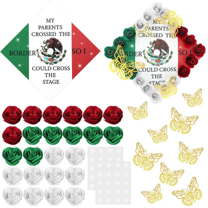 Dunzoom 37 Pcs Mexican Flag Graduation Cap Decorations Kit, Glitter Mexican Flag Grad Cap Topper with Paper Flowers 3D Butterflies for Grad Hat Topper Cover Craft Gift Decor(Style A)