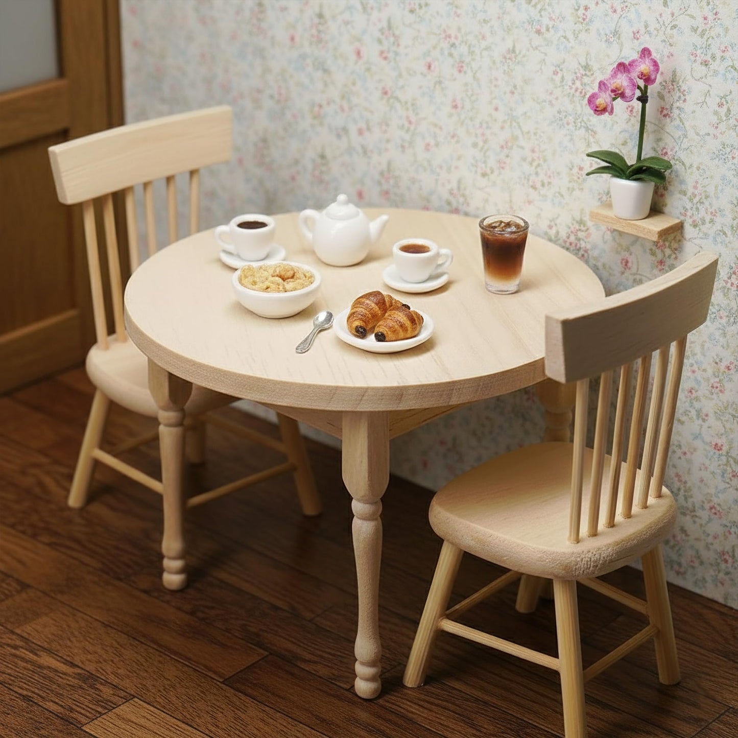 1/12 Miniature Dollhouse Round Table and 2 Chairs Dining Set, Mini Wooden Unpainted Burlywood Barbie Kitchen Furniture Accessories