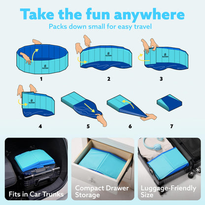 Sloosh Foldable Dog Kiddie Pool - Portable Hard Plastic Doggie Swimming Pool, Anti-Slip Collapsible Pets Bath Tub Suitable for Kids Indoor Outdoor Backyard Use (71" x 12", Blue)