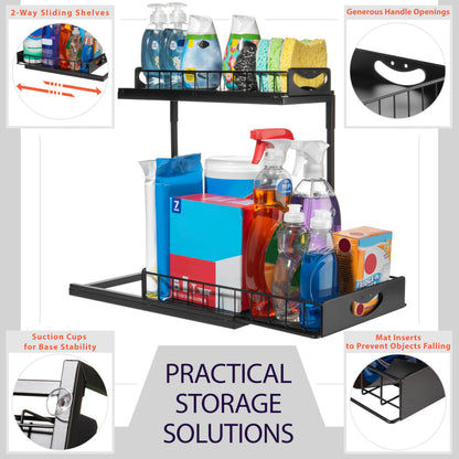 ClearSpace Under Sink Organizer, Pull Out Cabinet Organizer, 2 Pack - 2 Tier Slide Out Organizers and Storage Shelf - Metal Sliding Drawer for Kitchen Bathroom Pantry Cabinet Organization Rack, Black