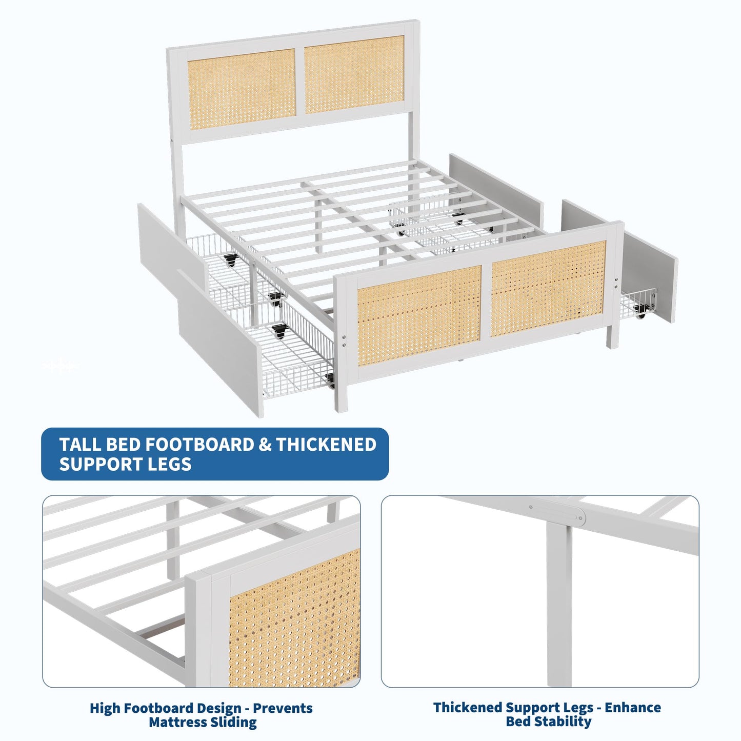 Garvee Rattan Queen Bed Frame with LED Headboard (7 Colors), Boho Cane Platform Bed with 4 Large Drawers, Strong Metal Slats Support, Noise Free, No Box Spring Needed, Easy Assembly, White
