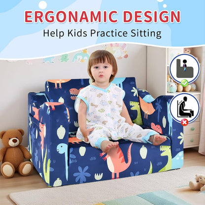 2-in-1 Kids Couch Sofa Toddler Sofa Dinosaur Foldable Toddler Couch Bed Flip Open Kids Chair for Playroom Bedroom Gift