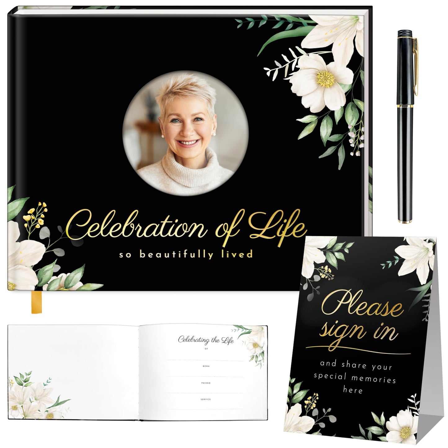 GUATE STORE Funeral Guest Book – Black Cover, 3-Piece Set with Guest Book, Table Sign, and Pen – Memory Book for Celebration of Life, Memorial Signing, Elegant Funeral Supplies, and Durable Design