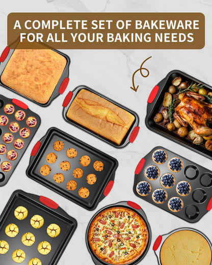 Skiennix Baking Pans Set - 34 PCS Nonstick Bakeware with Silicone Handles | Includes Cookie Sheet, Cake Pans, Muffin Pan & More