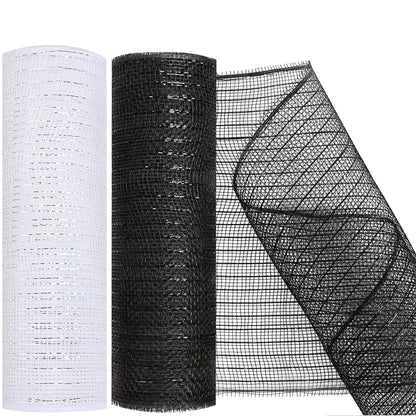 MIKIMIQI 2 Pack Deco Mesh 10 Inch x 30 Feet Decor Mesh Ribbon with Metallic Foil Deco Mesh Wreath Supplies Ribbon Mesh Roll for Spring Wreaths Craft Party, Not Wired (White Black)