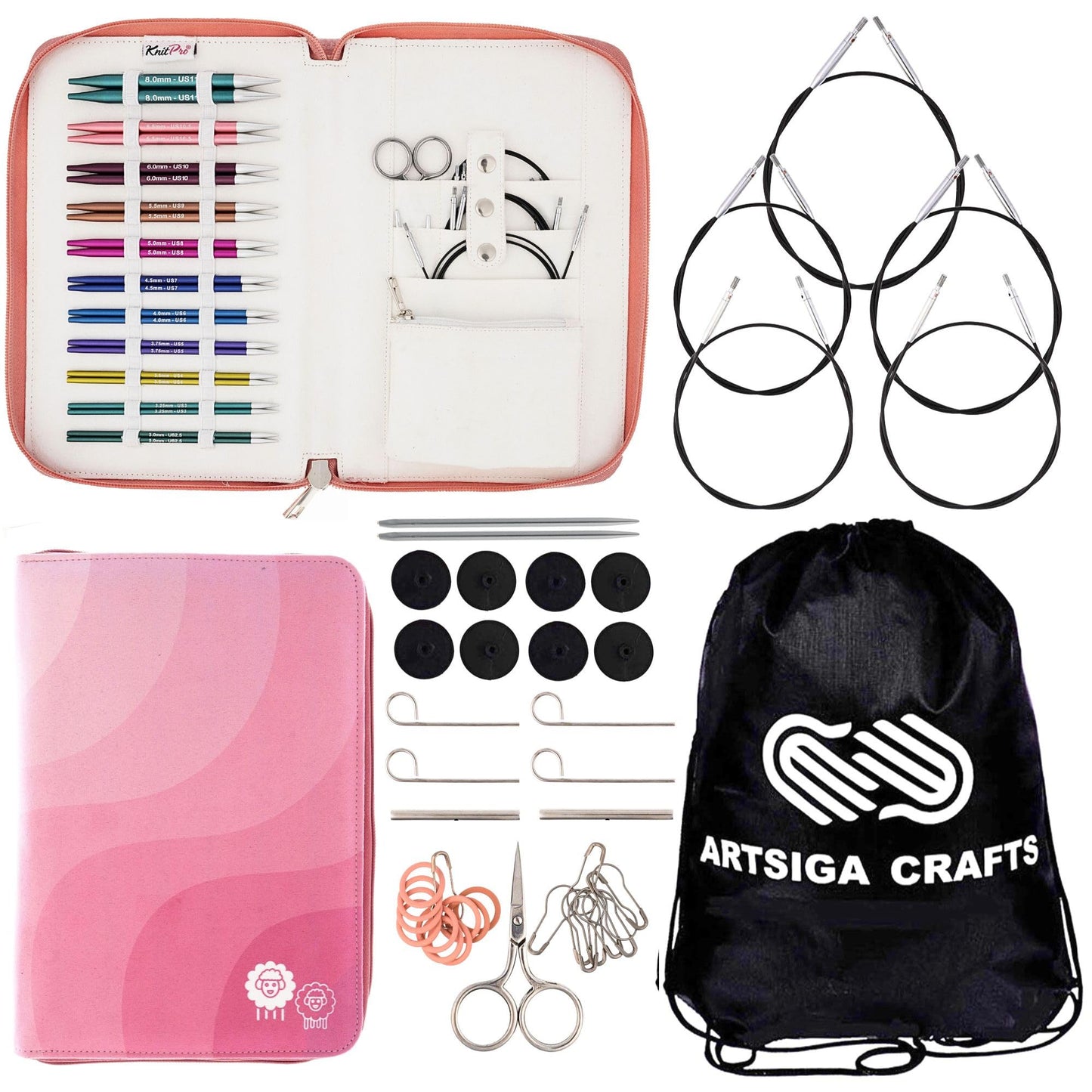 KnitPro Dreamz Regal Set 5 inch Circular Knitting Needles Size 2.5, 3, 4, 5, 6, 7, 8, 9, 10, 10.5, 11 Interchangeable, 5 Cables, 8 Caps, 4 Keys, 2 Connectors, Fabric Case with Project Bag
