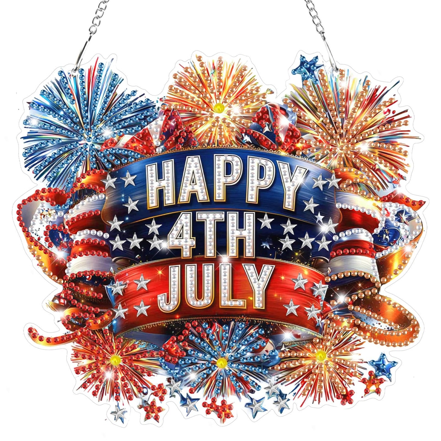 Bowetile 5D Independence Day Diamond Art Hanging Kits for Adults, 4th of July Fireworks Diamond Painting Window Pendant Kits, Special Shape Gem Art Suncatcher Patriotic Ornament for Home Wall Decor
