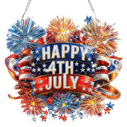 Bowetile 5D Independence Day Diamond Art Hanging Kits for Adults, 4th of July Fireworks Diamond Painting Window Pendant Kits, Special Shape Gem Art Suncatcher Patriotic Ornament for Home Wall Decor