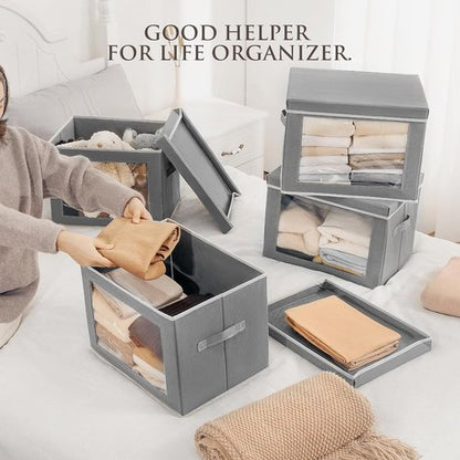 Homsorout Large Storage Bins - Collapsible Fabric Cubes with Lids & Window | 15.7 Inch Grey Baskets, 6 Pack