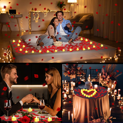 VIHOSE 4000 Pcs Artificial Rose Petals with 24 Pcs LED Tea Lights Candles Flameless LED Candles Fake Rose Petals for Wedding Birthday Party(Yellow Light, Red Petal)