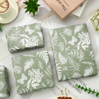 JarThenaAMCS Botanical Wrapping Paper - Mini Roll - 17 In x 32.8 Ft Sage Green Plant Leaves Gift Wrap Paper for DIY Art Crafts Wedding Birthday Holiday Party Supplies