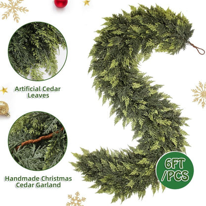 F.ZEGAO 6FT Christmas Cedar Garland Thick & Lush, Real Touch Faux Greenery Christmas Garland for Mantle, Fireplace, Porch, Outdoor & Indoor Holiday Decorations, Not Include Light String (1 Pcs)
