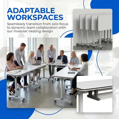 Conference Room Table, Foldable Flip Top Mobile Training Table with Wheels, 47.2 Inch Modern Rectangular Meeting Seminar Desk, Waterproof Metal Frame for Office, Classroom & Boardroom