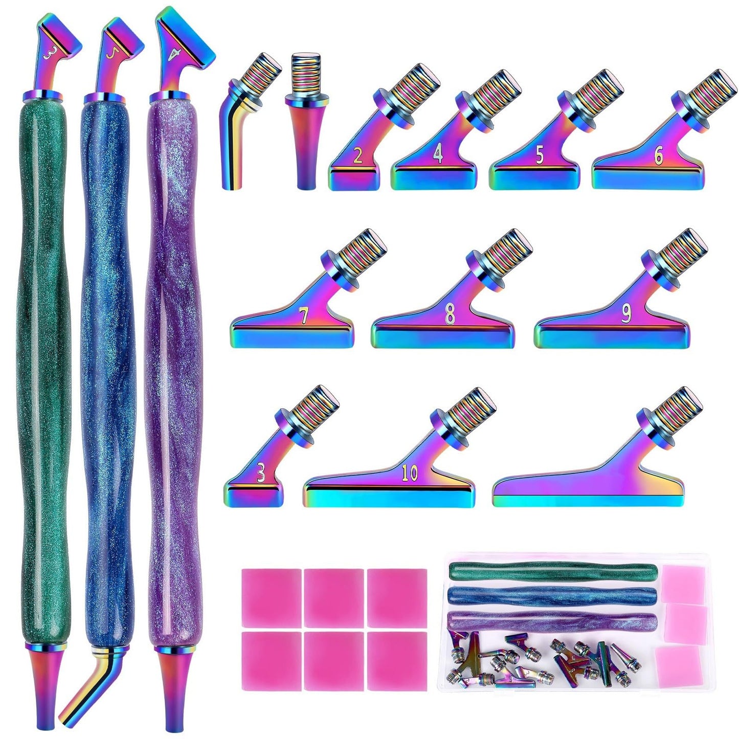 DoreenBow 21Pcs Diamond Art Painting Pen Kit Angled Screw Thread Tips Metal Stainless Steel Rainbow Diamond Art Tips Ergonomic Diamond Art Tools with 6 Clay, Shiny Pen