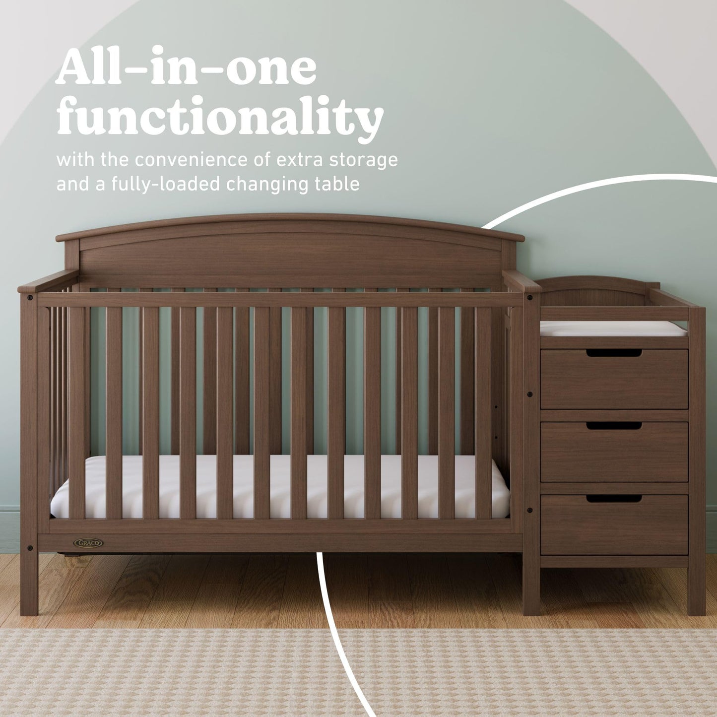 Graco Benton 4-in-1 Convertible Crib and Changer – GREENGUARD Gold Certified, Crib & Changing Table Combo, Water-Resistant Changing Pad, Converts to Toddler Bed, Daybed and Full-Size Bed (Hazelnut)