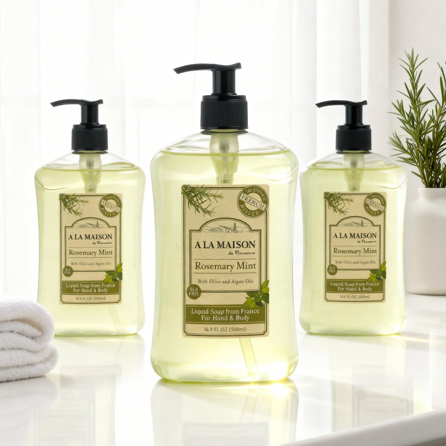 A LA MAISON Rosemary Mint French Liquid Hand Soap - Natural Hand Wash Made with Essential Oils - Biodegradable, Plant-Based, Vegan, Cruelty-Free, Alcohol & Paraben Free (16.9 oz, 3 Pack)