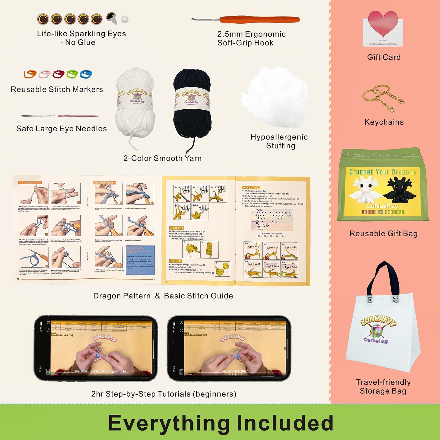 LuNuaFvy Crochet Kit for Beginners, Adults & Kids, Complete Animal Starter Kit to Make 2 Amigurumi Dragons,DIY Gift with Easy-to-Follow Book & Video Tutorial, Soft Yarn, 2 Bags