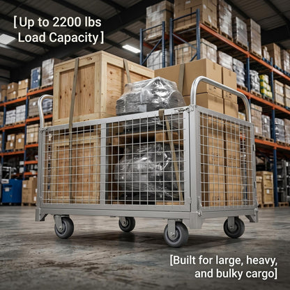 4-in-1 Platform Truck Cart with Cage, Heavy Duty Foldable Flatbed Push Cart with Swivel Casters, 2200 LBS Steel Load Capacity for Warehouse Commercial Industrial Cargo Storage & Transport