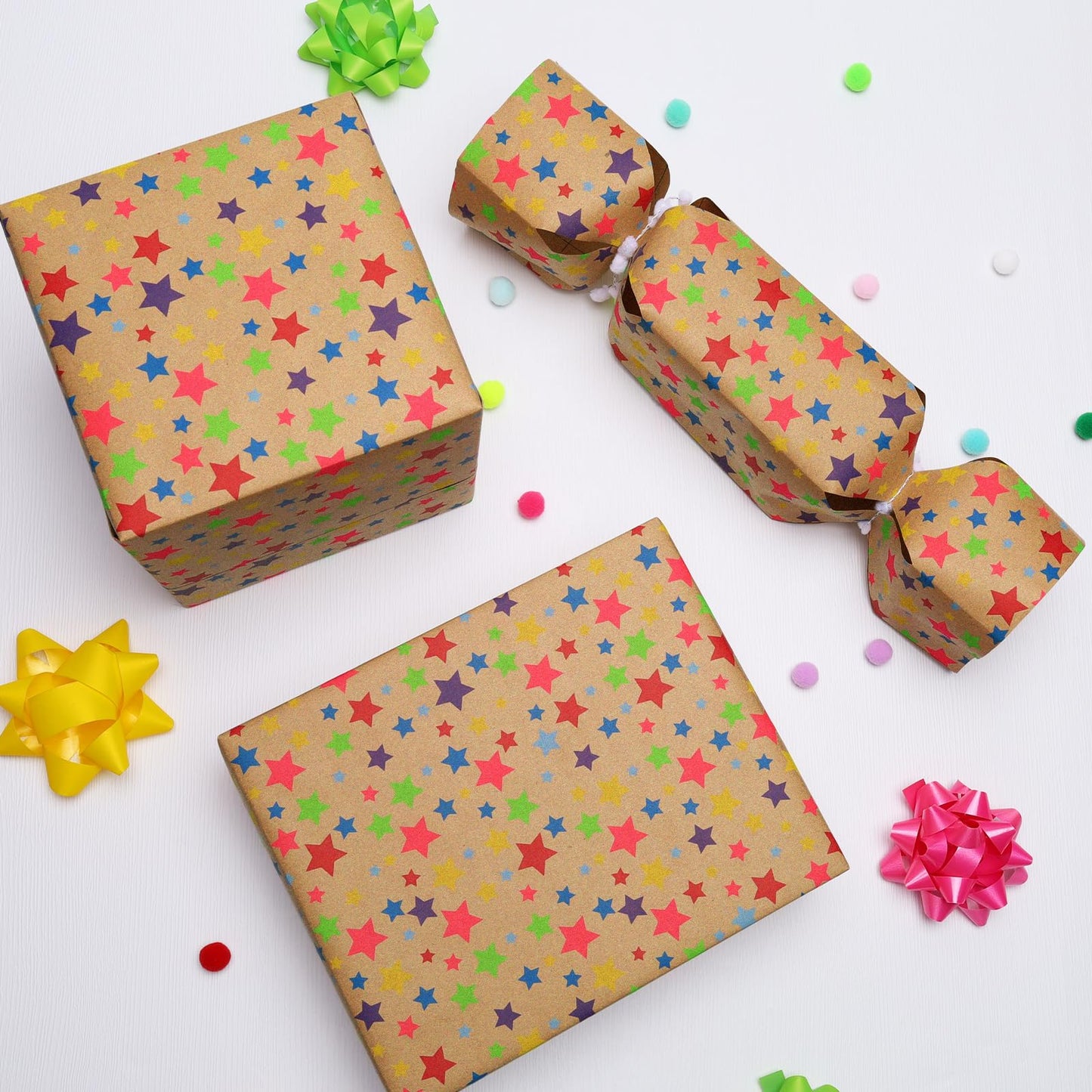 BIOBROWN Kraft Wrapping Paper Roll Colorful Stars Design Perfect for Birthday Holiday Wrap 17 inch X 33 feet