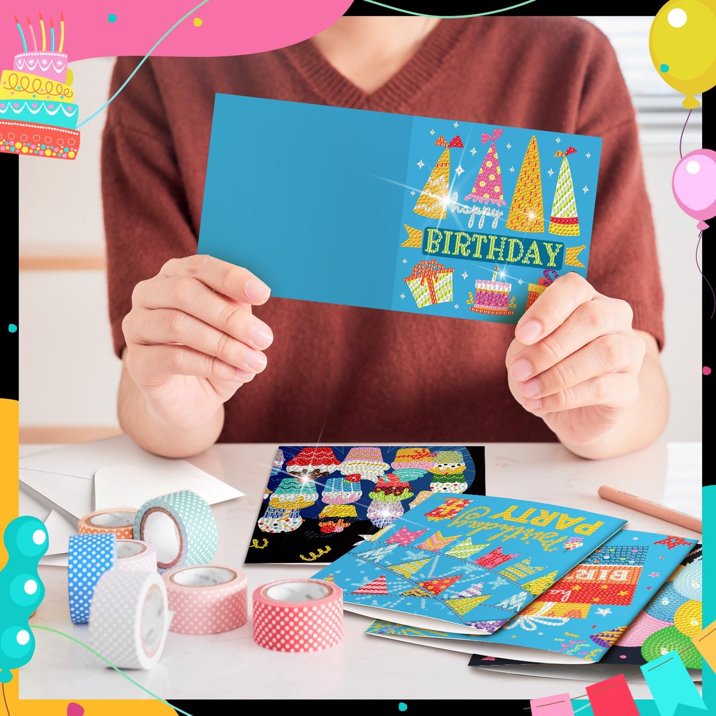 Saillong 12 Pack Happy Birthday Diamond Painting Greeting Card Kits DIY Diamond Art Cards with Envelopes Birthday Cake 5d Rhinestones Painting Kits for Adults DIY Crafts Family Friend Birthday Gifts