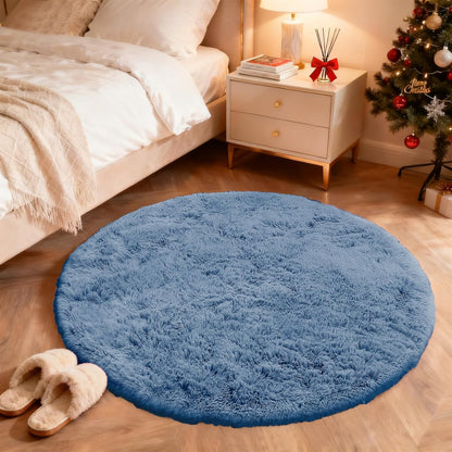 OLANLY Blue Round Rug - Soft, Fluffy Shaggy Carpet | 4 ft Machine Washable Area Rug for Bedroom & Living Room