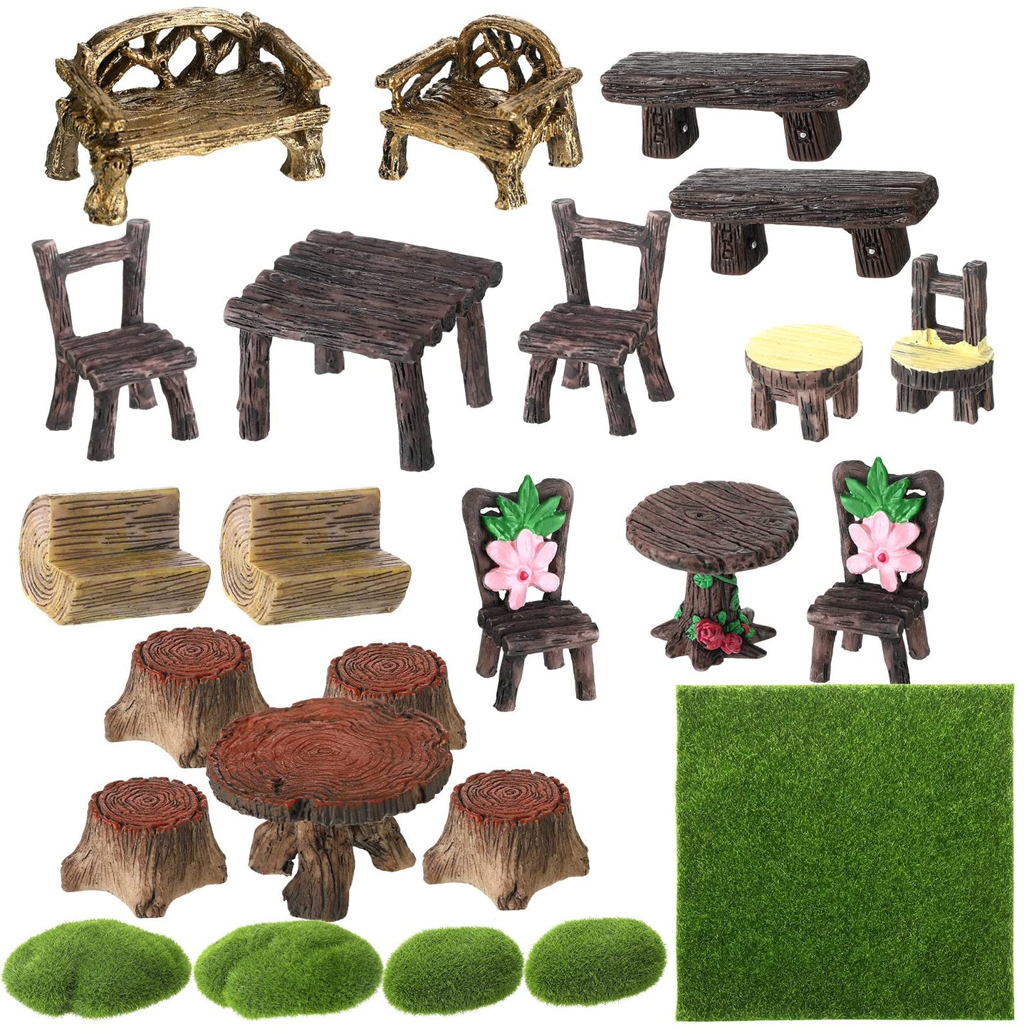 BBTO 24 Pcs Garden Furniture Fairy Mini Architecture Accessories Fairy Miniature Ornaments Artificial Grass and Moss Rocks Kit for Garden House Accessories
