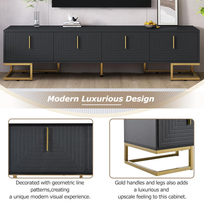 Merax Modern TV Stand with Metal Legs, Gold Handles, Geometric Lines and Adjustable Shelves for TVs Up to 80'', Media Console Table, Luxury Storage Cabinets for Living Room, Black