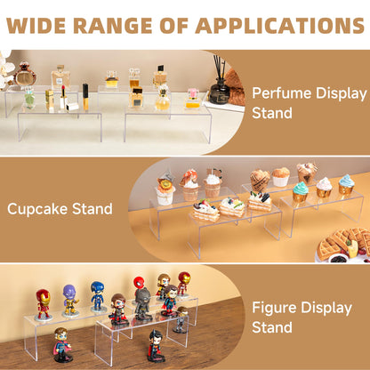 Aminigram 4 Pack Large Acrylic Risers Display Stands, Perfume Organizer Stand, Clear Acrylic Shelf for Show Decor Display, Toys, Cupcake and More(12.4 x 4 x 4.6 inches)