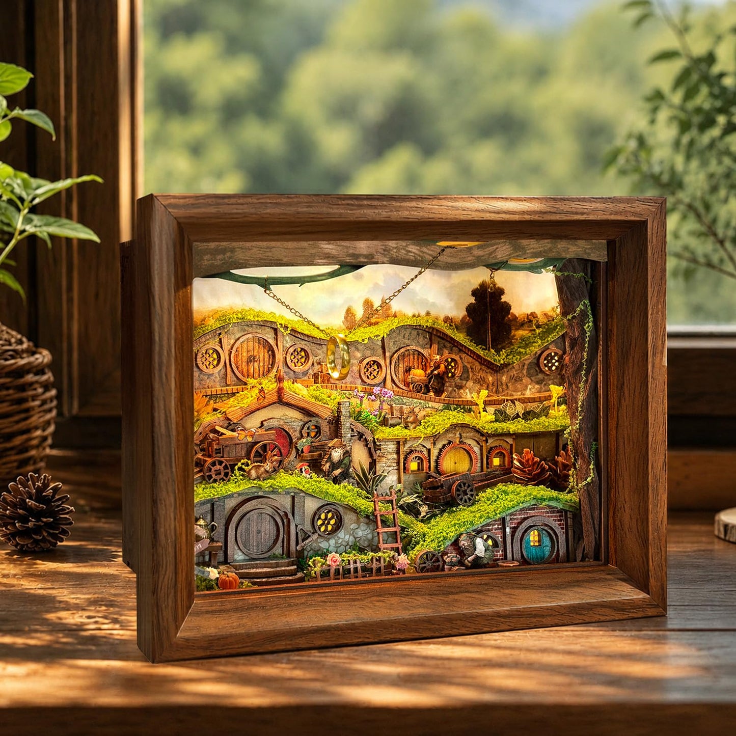 LORENOOK The Magic Ring Hamlet DIY Miniature House Shadow Box Kit – 3D Wooden Puzzle with Lights & Dust Cover, Book Nook Kits for Adults, Creative Framed Bookshelf Decor & Gift