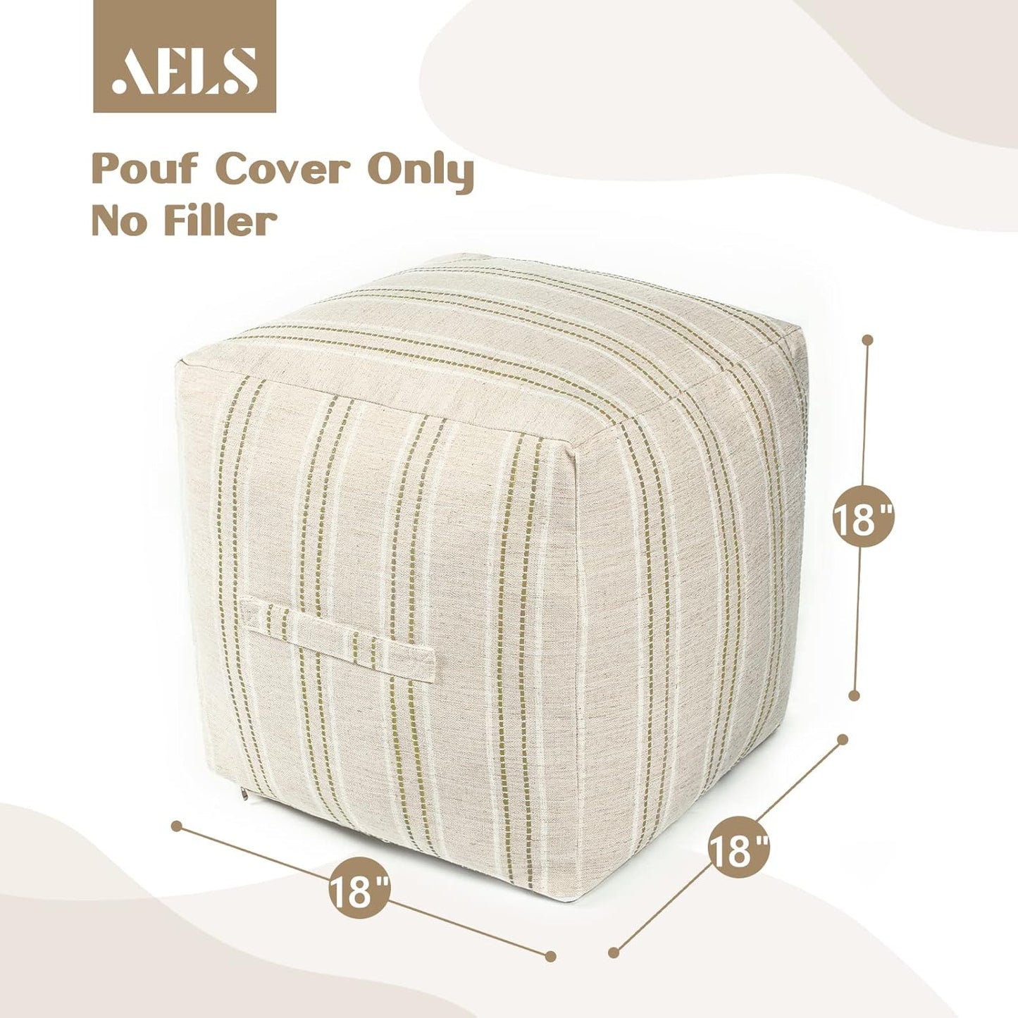 18"x18"x18", AELS Unstuffed Farmhouse Pouf Cover for Living Room, Boho Storage Bean Bag Cubes, Beige with Brown Stitch