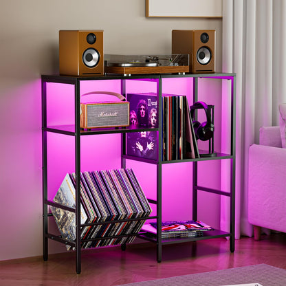 Nidouillet Record Player Stand with LED Light, Turntable Stand with Vinyl Storage for 300+ Albums, 3-Tier Media Cabinet with V-Shaped Holder & Adjustable Shelf, for Living Room & Bedroom