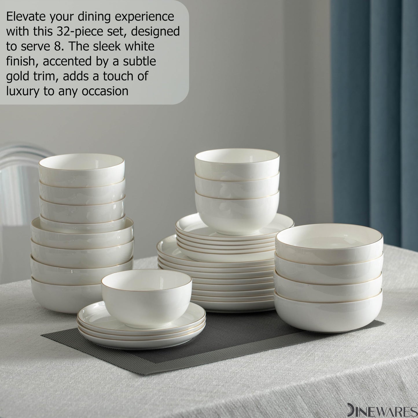 Perlaceo Luxurious Collection of 32-Piece White with Gold Rim Bone China Dinnerware Set - Lightweight and Durable - Service for 8, Including Dinner Plates, Salad Plates, and Cereal or Soup Bowls