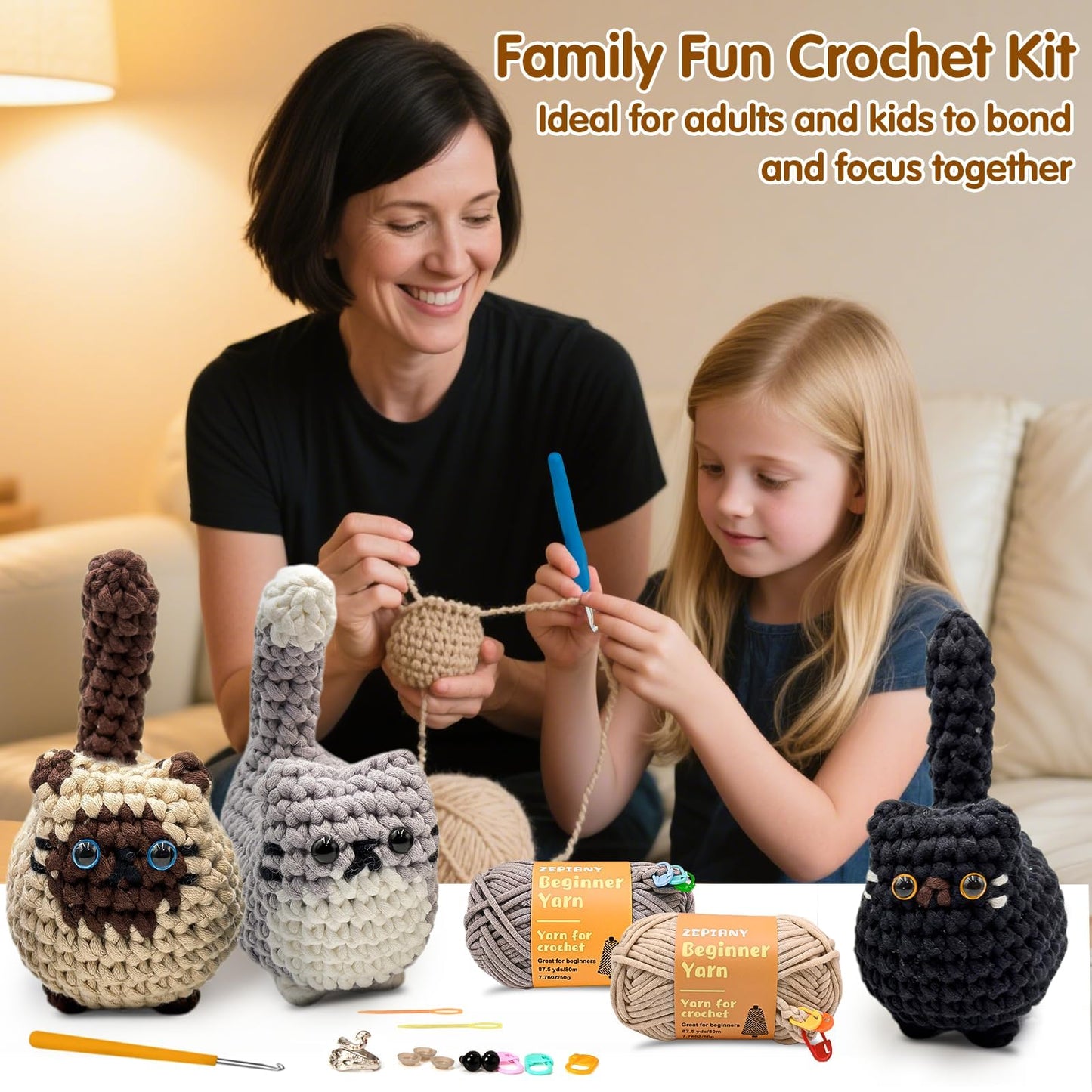 Zepiany Crochet Kit for Beginners, Crochet Cat Beginner Crochet Kit for Adults, Amigurumi Crochet Animals Cat Crafts Crochet Kits, Easy Knitting Kit Galentines Day