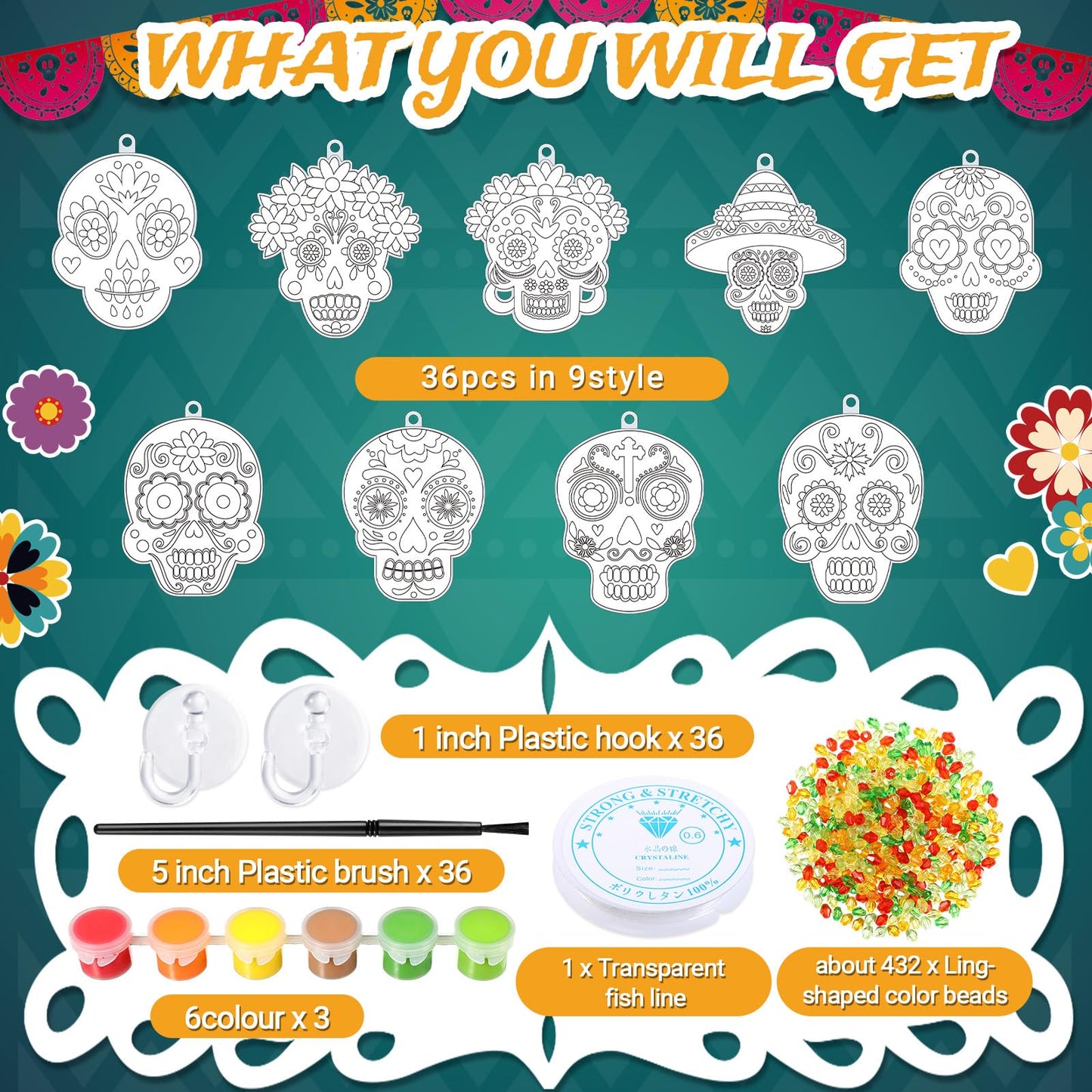Pasimy 36 Sets Day of The Dead Suncatchers Paint Craft Kits Dia De Los Muertos Window Hanging Ornaments Decorations DIY Paint Your Own Sugar Skull Skeleton Art Project Halloween Party Favors Gifts