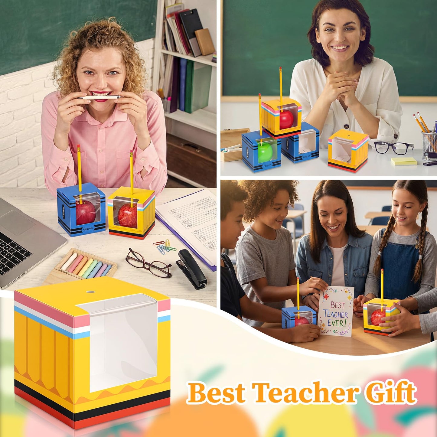 Eaasty 120 Pack Back to School Gifts Boxes Bulk Candy Treat Boxes for Students 4" Pencil Crayon Pattern Box with Clear Window for Back to School Classroom Parties Halloween Favors