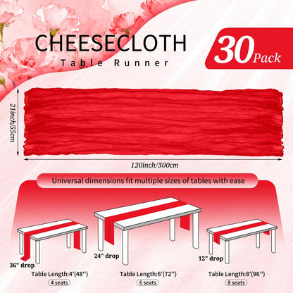 30 Pack Cheesecloth Table Runner 10FT Red Table Runner Boho Gauze Cheese Cloth Table Runners Long Rustic Sheer Table Decorations for Wedding Party Baby Bridal Shower Birthday Holiday Home